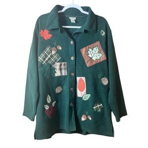 Vintage Green Fleece Long Sleeve Button Down Shirt Size 18/20 Autumn Leaves Fall